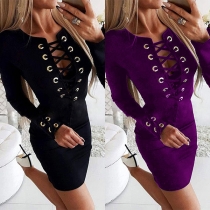 Sexy Keyhole Lace-up V-neck Long Sleeve Solid Color Slim Fit Dress