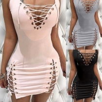 Sexy Deep V-neck Sleeveless Lace-up Solid Color Tight Dress
