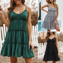 Sexy Backless V-neck Ruffle Hem Solid Color Sling Dress