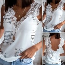 Sexy Lace Spliced V-neck Letters Top T-shirt