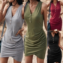 Simple Style Sleeveless V-neck Irregular Hem Slim Fit Dress