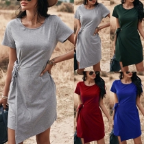 Fashion Solid Color Short Sleeve Round Neck Irregular Hem Lace-up Dress