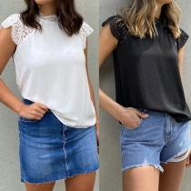 Fashion Lace Spliced Cap Sleeve Mock Neck Solid Color Top
