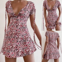 Sexy V-neck Drawstring Short Sleeve High Waist Printed A-line Dress