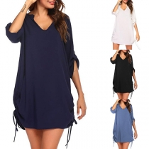 Fashion Solid Color Long Sleeve V-neck Side-drawstring Beach Smock Dress