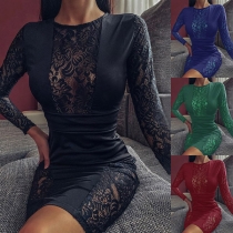 Sexy Hollow Out Lace Spliced Long Sleeve Round Neck Slim Fit Dress