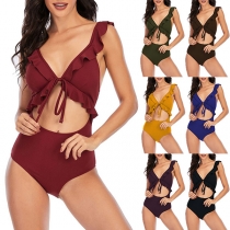 Sexy Hollow Out High Waist Solid Color Ruffle One-piece Swimsuit