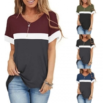 Casual Style Short Sleeve V-neck Contrast Color T-shirt
