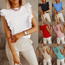 Sweet Style Sleeveless Round Neck Solid Color Ruffle Top