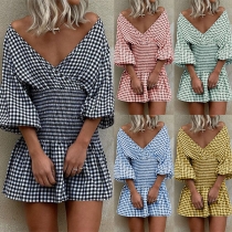 Sexy V-neck Lantern Sleeve High Waist Plaid Printed Dress