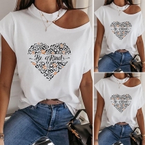 Sexy Off-shoulder Short Sleeve Round Neck Heart Printed T-shirt