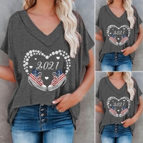 Casual Style Short Sleeve V-neck Printed T-shirt