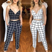 Sexy Backless V-neck Sling Plaid Top + High Waist Pants Two-piece Set