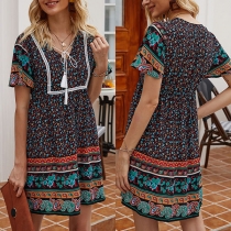 Bohemian Style Short Sleeve V-neck Printed Dress