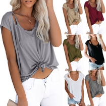 Fashion Solid Color Short Sleeve Round Neck Hollow Out Ripped T-shirt