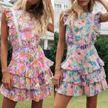 Sexy Backless Sleeveless Round Neck High Waist Printed Cake Dress