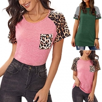 Fashion Leopard Spliced Short Sleeve Round Neck T-shirt