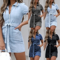 Fashion Short Sleeve POLO Collar Front-zipper Slim Fit Denim Dress