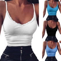 Sexy Backless V-neck Lace Spliced Solid Color Sling Crop Top