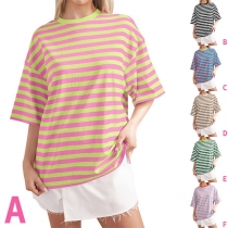 Fashion Contrast Color Short Sleeve Round Neck Striped T-shirt