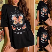 Casual Style Half Sleeve Round Neck Butterfly Printed T-shirt