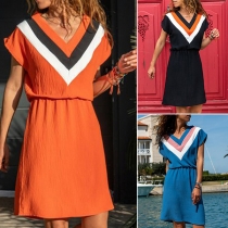 Fashion Contrast Color V-neck Short Sleeve Elastic Waist Dress
