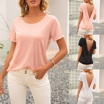 Sexy Backless Short Sleeve Round Neck Solid Color T-shirt