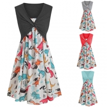Fashion Sleeveless V-neck Wristed Top + Sling Printed Dress Two-piece Set