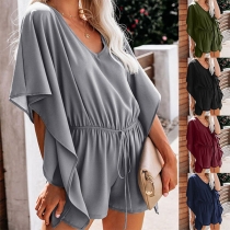 Sexy V-neck Lotus Sleeve High Waist Solid Color Romper