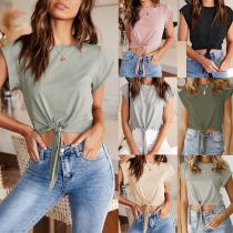 Fashion Solid Color Short Sleeve Round Neck Knotted Hem Crop Top