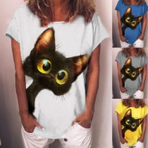 Cute Cat Printed Short Sleeve Round Neck Loose T-shirt
