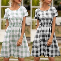 Fashion Short Sleeve Round Neck High Waist Plaid Dress