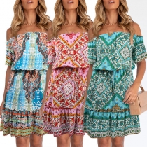 Bohemian Style Short Sleeve Off-shoulder Printed Dress