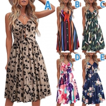 Sexy Backless V-neck High Waist Printed Sling Dress