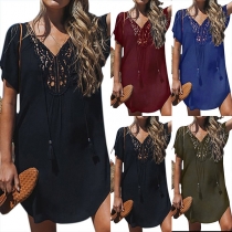 Fashion Solid Color Short Sleeve V-neck Lace Spliced Beach Dress