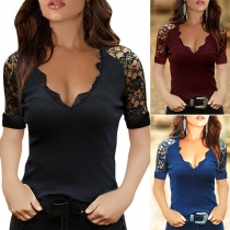 Sexy Lace Spliced Short Sleeve V-neck Solid Color Slim Fit T-shirt