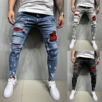 Fashion Middle-waist Plaid Spliced Ripped Man's Jeans