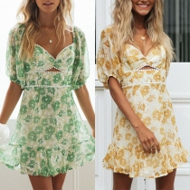 Sexy Backless Square Collar Ruffle Hem Puff Sleeve Printed Dress