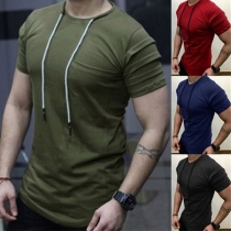 Fashion Solid Color Short Sleeve Drawstring Round Neck Man's T-shirt