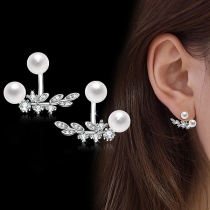 Fashion Pearl Rhinestone Inlaid Leaf Shaped Stud Earrings