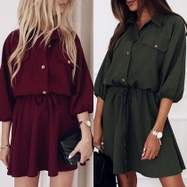 Fashion Solid Color 3/4 Sleeve POLO Collar Drawstring Waist Dress