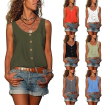 Simple Style Sleeveless V-neck Front-button Solid Color Top for Daily Wear