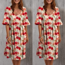 Sweet Style Lotus Sleeve Round Neck Cherry Printed Dress for Summer Wear