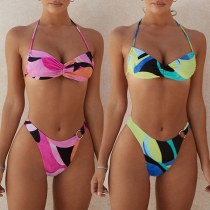 Sexy Low-waist Colorful Printed Halter Bikini Set for Beach Wear