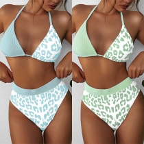 Sexy High Waist Contrast Color Leopard Printed Halter Bikini Set