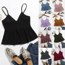 Sexy Backless V-neck Ruffle Hem Solid Color Sling Top