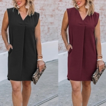 Simple Style Sleeveless V-neck Solid Color Dress for Daily Wear