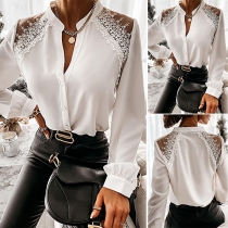 Sexy Lace Spliced Long Sleeve V-neck Solid Color Blouse Top