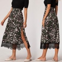 Fashion High Waist Slit Hem Lace Spliced Printed Dress