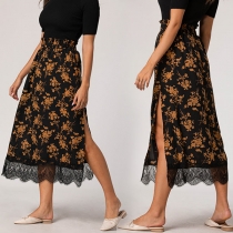 Fashion High Waist Side-slit Hem Lace Spliced Printed Skirt